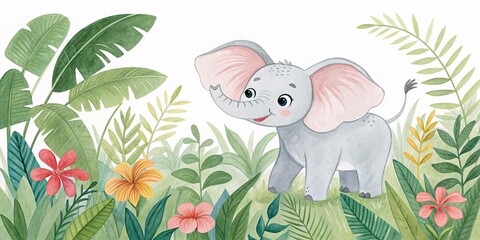 Cute Watercolor Elephant in Tropical Foliage, Illustration, Jungle Animal, Baby Elephant, Watercolor Painting Jungle animal, watercolor painting