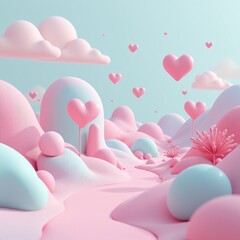 Fantasy-inspired 3D landscape with floating hearts and rounded pastel shapes - Surreal, soft-toned world with futuristic appeal and organic, smooth forms