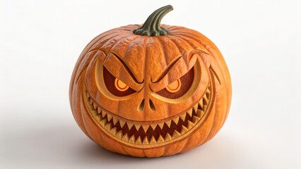 Evil Jack-o'-lantern 3D Render, Angry Face Carving, Halloween Pumpkin, Spooky Image, White Background Halloween, Jack-o-lantern