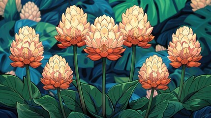 A vibrant illustration of blooming flowers surrounded by lush green foliage.