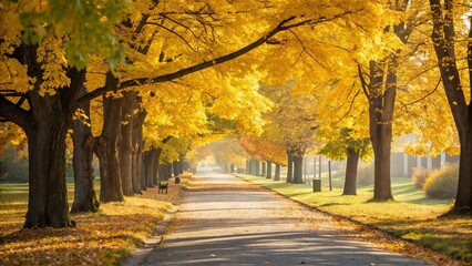 Golden Autumn Alley Sunlit Path, Vibrant Yellow Foliage, Trees, Landscape Photography, Fall Scenery Autumn, Photography