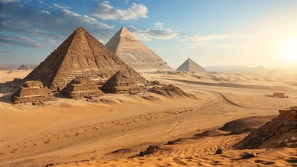 Golden Hour Pyramids Three Pyramids Composition, Desert Landscape, Ancient Egypt, Sunset, Giza, Egypt, Pyramids