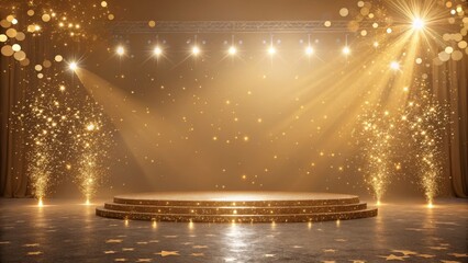Golden Stage Glittering Award Ceremony Background, Spotlight, Podium, 3D Render, Award Show, Event Award Ceremony, Event Design
