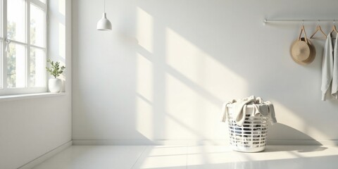 Serene Laundry Room with Sunlight Streaming Through Window and Clothes in Basket