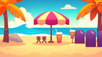 Vibrant Beach Scene with Colorful Umbrella, Palm Trees, and Refreshing Drinks on Sunny Day