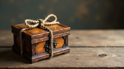 A rustic wooden chest bound with twine, a treasure of memories and untold stories, sits patiently on a weathered wood surface.