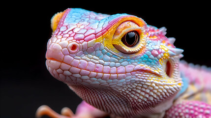 Obraz premium Colorful lizard portrait, studio shot, black background, reptile close-up