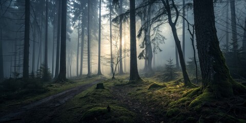 Fototapeta premium Misty Forest Path Sunlit Composition, Dark Moody Atmosphere, Tall Trees, Mossy Ground, Landscape Photography Forest Photography, Dark Fantasy