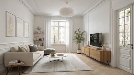 Fototapeta premium Modern Minimalist Living Room Beige Sofa, Herringbone Floor and Oak Media Console, Interior Design, Home Decor Interior design, home decor