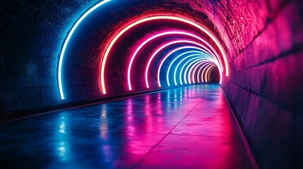 Neon tunnel, vibrant colors, urban setting, futuristic background, perfect for electronic music.