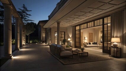Nighttime Villa Terrace Architectural Digest Design, Outdoor Lighting, Luxury Home,Columns, keyword1 Exterior Design, keyword2 Night Photography