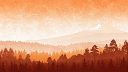 Orange Sunset Over Mt. Fuji Forest Silhouette, Digital Art, Landscape, Nature Japan, Fuji