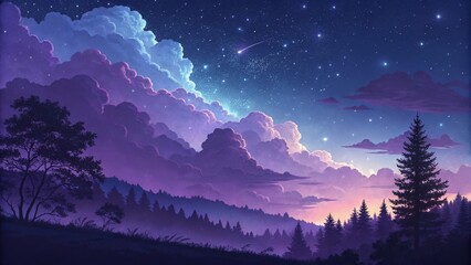 Purple Night Sky Landscape Digital Painting of Starry Night, Silhouette Trees and Dreamy Clouds, digital art, fantasy art Digital Painting, Fantasy Landscape