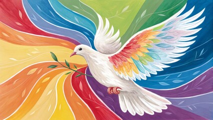 Obraz premium Rainbow Dove of Peace Watercolor Painting, Spiritual Symbolism, Hope, Unity, Peace, Dove, Watercolor