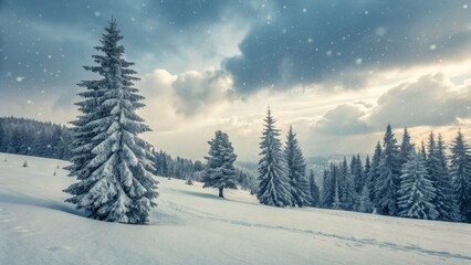 Obraz premium Snowy Mountain Landscape Winter Pines under a Cloudy Sky, Snowfall, Winter Wonderland, Cold Landscape. Winter scene, Snowy forest