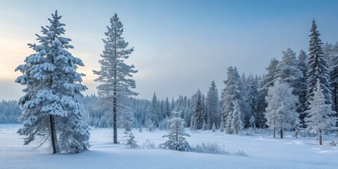 Snowy Winter Forest Landscape Two Tall Pines, Frosty Conifers, Serene Dawn, Winter Wonderland, Winter Scenery Winter photography, landscape photography