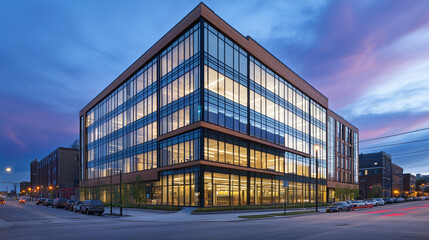 Obraz premium Office building glowing in golden dusk light, framed by urban skyline, evoking a sense of modern ambition and quiet reflection.