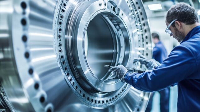 A close-up of engineers in a high-tech aerospace manufacturing facility, inspecting composite materials for aircraft construction, Aerospace manufacturing scene
