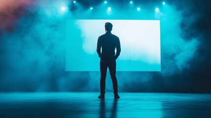 Fototapeta premium Professional speaker engaging audience at a corporate event, conveying innovation and leadership in a dynamic business setting.
