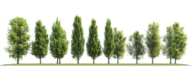 Fototapeta premium Lush Green Trees: Nature's Majesty in a Row, Vibrant Foliage, Tall and Elegant, A Perfect Natural Scene.