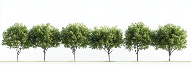 Six Lush Green Trees Stand Tall Against White Background: Nature's Beauty in Simplicity, Perfect for Landscaping Designs