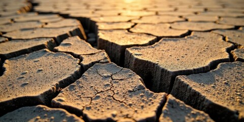 Arid Land Texture Detailed Close-Up of Cracked Earth at Sunset, Revealing the Complex Network of Fissures and the Subtle Textural Variations in the Dried Soil