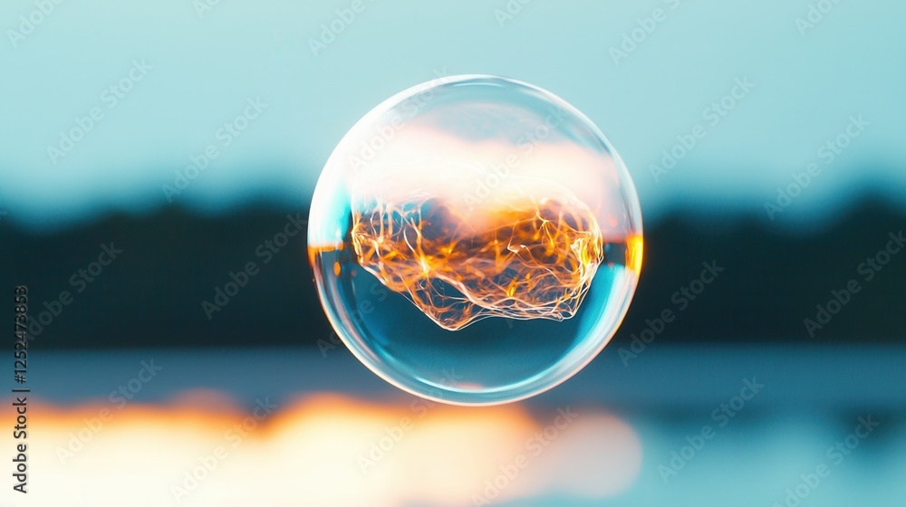 Aufkleber abstract sphere with luminous patterns floating above a tranquil water surface during sunset hour