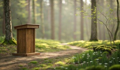 Wooden Podium in Forest Path Nature Speech Concept, Wooden Lectern, Outdoor Setting, Microphon, Green, Nature Background Podium, Lectern