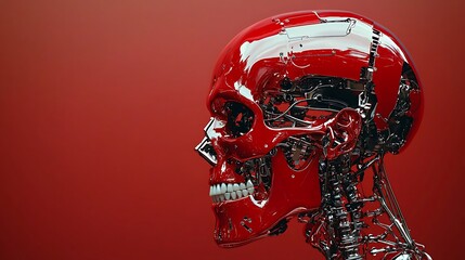 Robotic skull profile, red chrome, tech background, sci-fi concept, futuristic design.