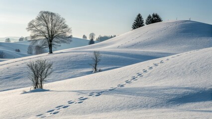 Winter Landscape Footprints in Snow, Rolling Hills, Lone Tree, Composition, Photography, Winter Scenery Winter, Photography