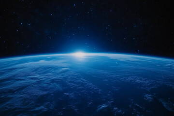 Mesmerizing blue sunrise over Planet Earth’s horizon viewed from outer space, showcasing a stunning celestial scene