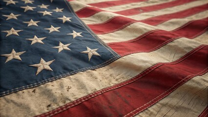 Fototapeta premium Worn American Flag Close-up Composition, Patina Texture, Patriotic Concept, Stars and Stripes, USA Flag Patriotism, Americana