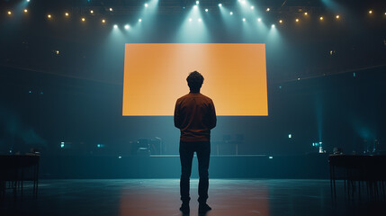 Professional speaker engaging audience at a corporate event, conveying innovation and leadership in a dynamic business setting.