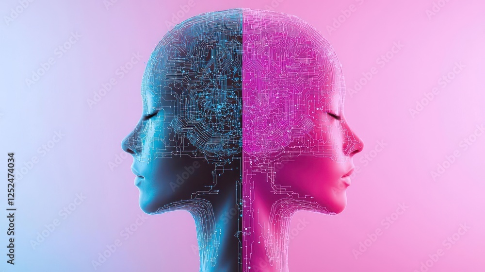Poster digital art profile view head with binary code and neon colors