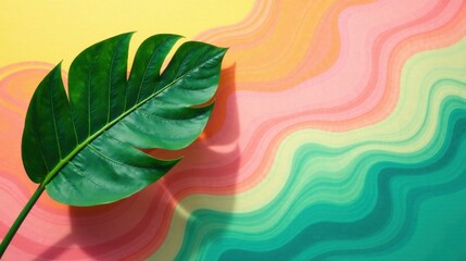 Obraz premium Vibrant Tropical Leaf Casts Shadow on Abstract Wavy Background of Pastel Hues