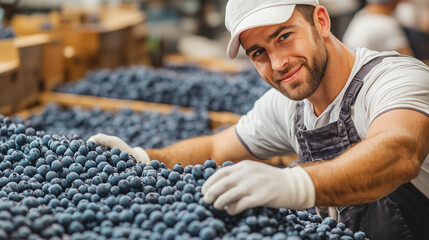 A smiling worker engages with fresh blueberries, ensuring quality and showcasing the importance of manual inspection in food processing