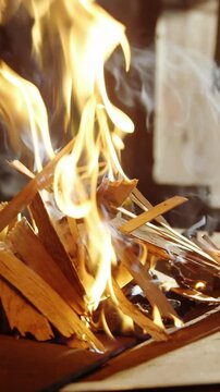 Burning fire at fireplace for blacksmith work