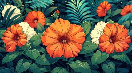 A vibrant illustration of orange and white flowers amidst lush green foliage.