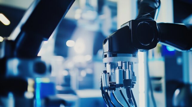 A close-up of engineers in a robotics lab programming robotic arms for industrial automation, Robotics automation scene, Futuristic and automated style