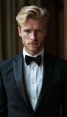 aring tuxedo handsome blond man shirt vest attaching blond photogenic man tuxedo suit groom valet waiter model bow tie elegance style posh sophisticated charme fashion dapper well-dressed grooming