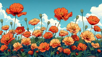 Obraz premium A vibrant field of orange poppies under a blue sky with fluffy clouds.