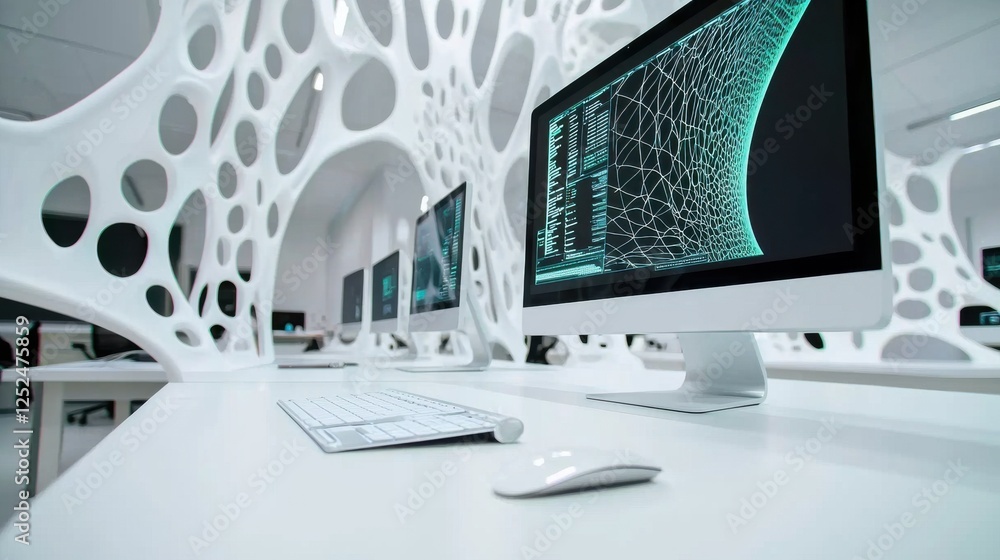 Poster modern computer workspace with innovative design and advanced technology in creative office environm