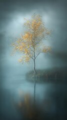 Fototapeta premium Lone Golden Tree in Misty Fog Overstill Water Reflecting a Calm Autumn Landscape