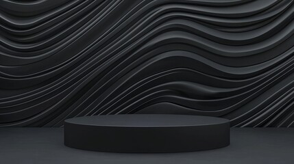 Matte Black Stepped Podium with Subtle Wave Background Design
