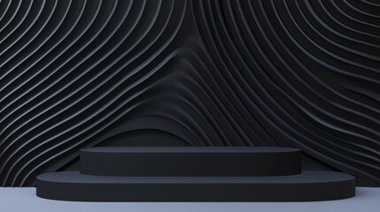 Subtle Matte Black Stepped Podium Against Elegant Wavy Background