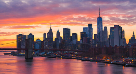 Obraz premium Manhattan Skyline at Sunset with Brooklyn Bridge and Water Reflection