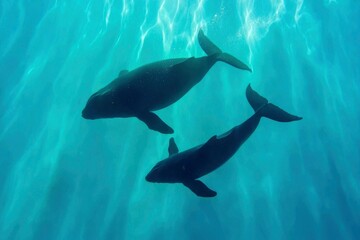 Obraz premium Two whales swim under the bright surface water. Marine life background use