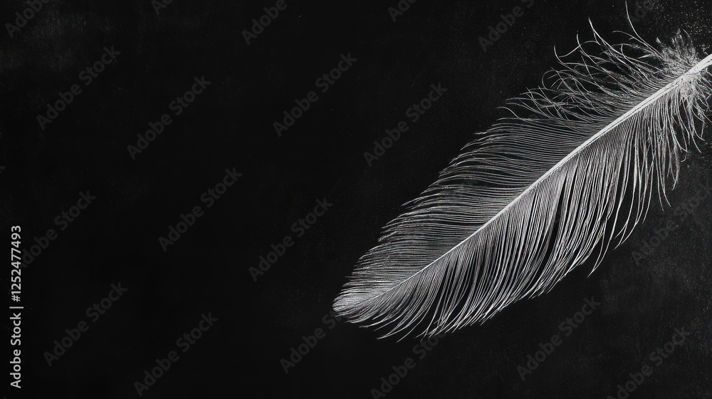 Poster elegantly poised single feather against a dark background, showcasing its delicate structure and sof