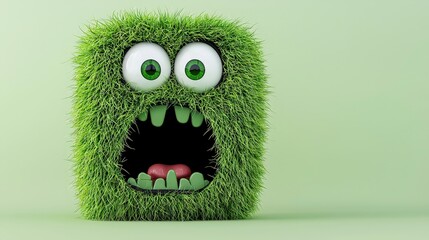 Cute green grass monster with big eyes and open mouth expression