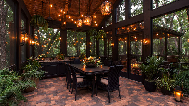Evening outdoor dining patio, screened-in porch, lush greenery, string lights
